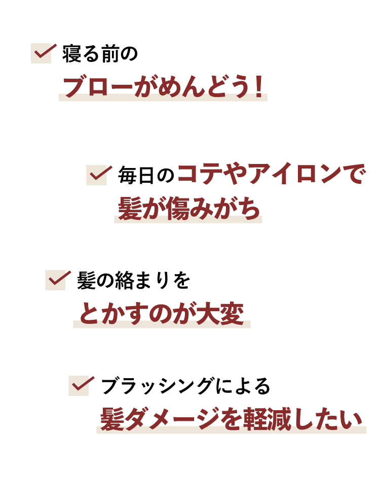寝る前のブローがめんどう！・毎日のコテやアイロンで髪が傷みがち・髪の絡まりをとかすのが大変・ブラッシングによる髪ダメージを軽減したい